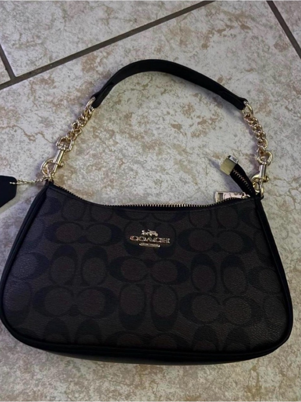 Coach Black Signature Canvas Shoulder Bag with Gold-Tone Chain Strap